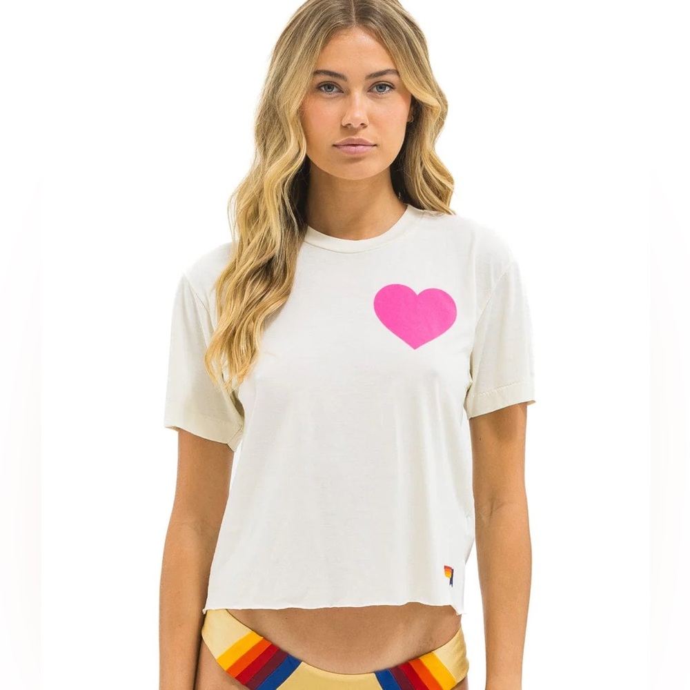 Aviator Nation NWT $89 HEART PRINT BOYFRIEND TEE - VINTAGE WHITE NEON PINK